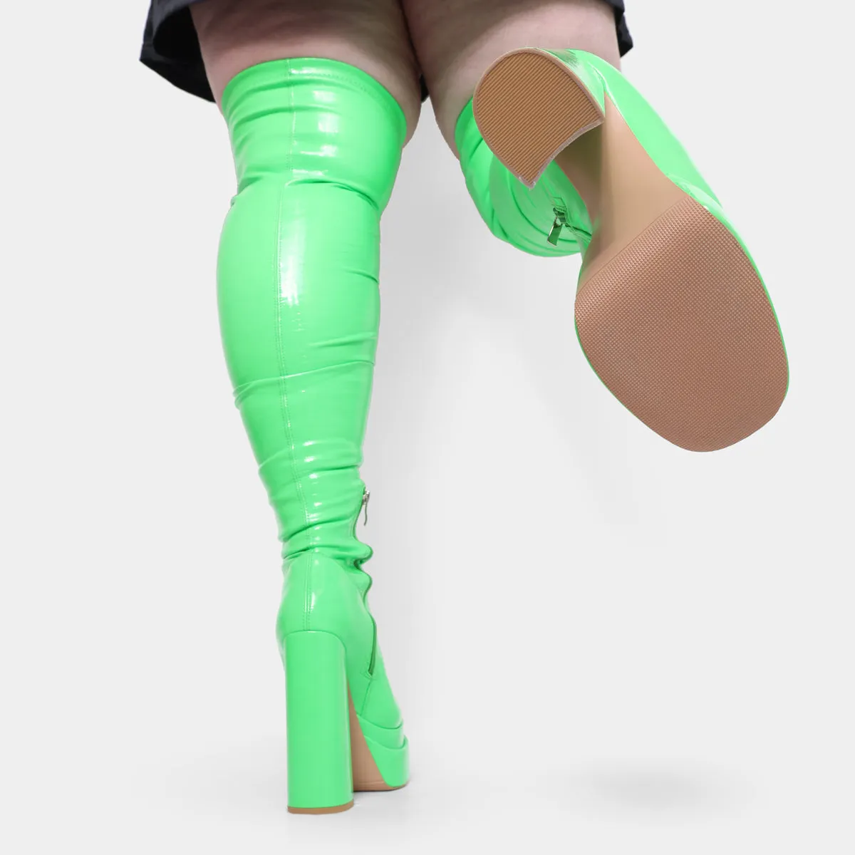 The Redemption Green Stretch Thigh High Boots