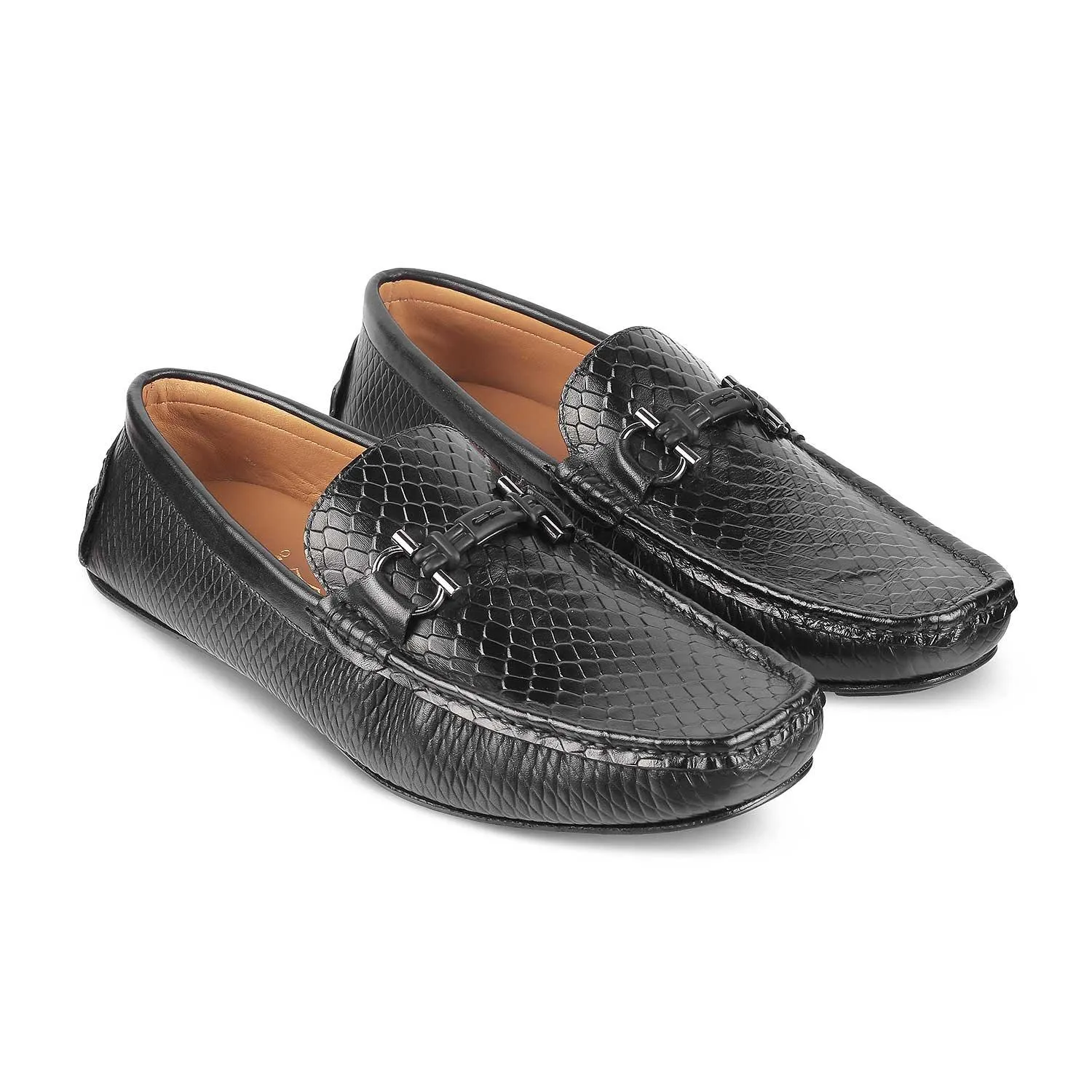 Tresmode Ferro Black Men's Textured Leather Driving Loafers