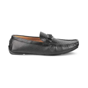 Tresmode Ferro Black Men's Textured Leather Driving Loafers