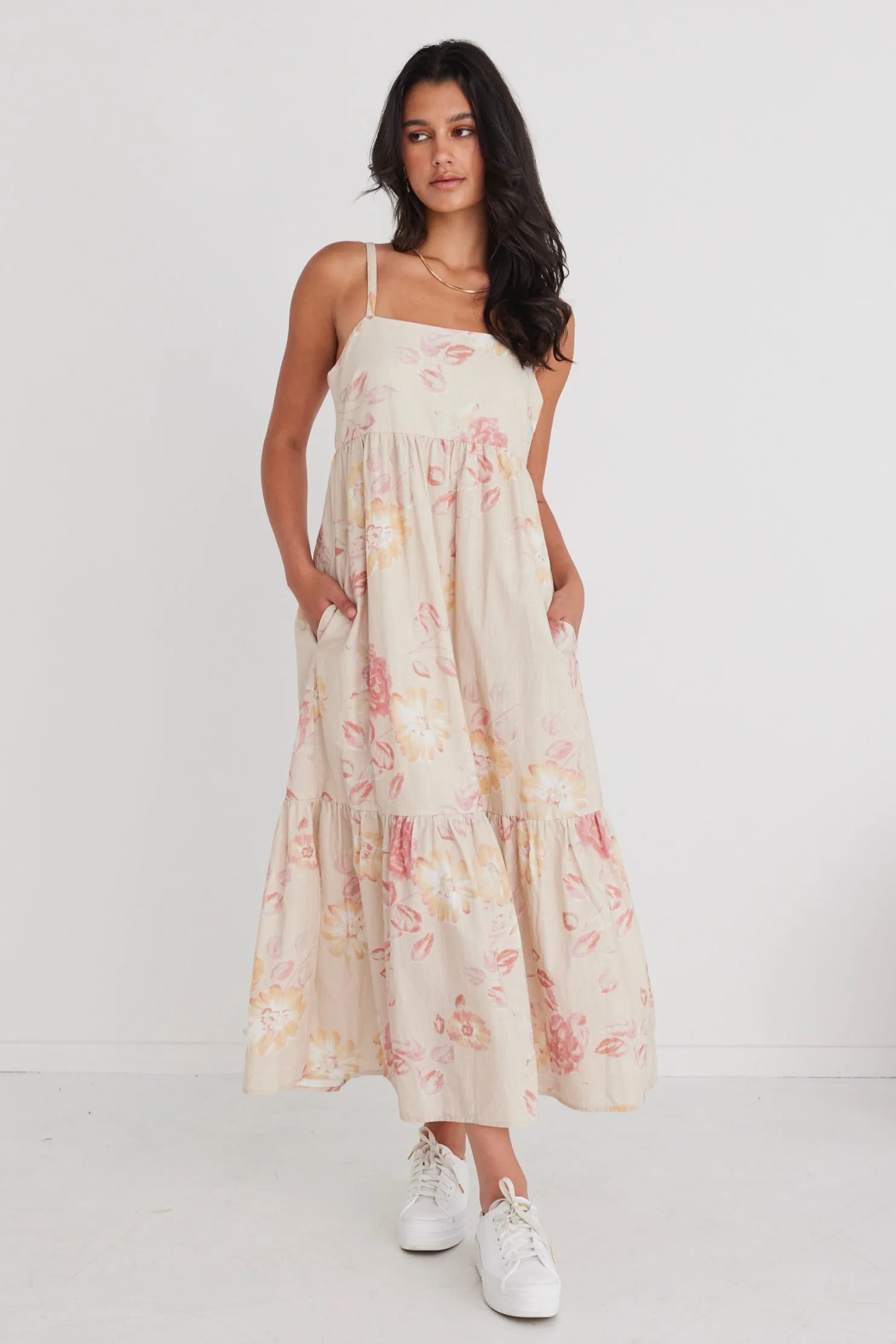 Venus Natural Flower Strappy Tiered Maxi Dress