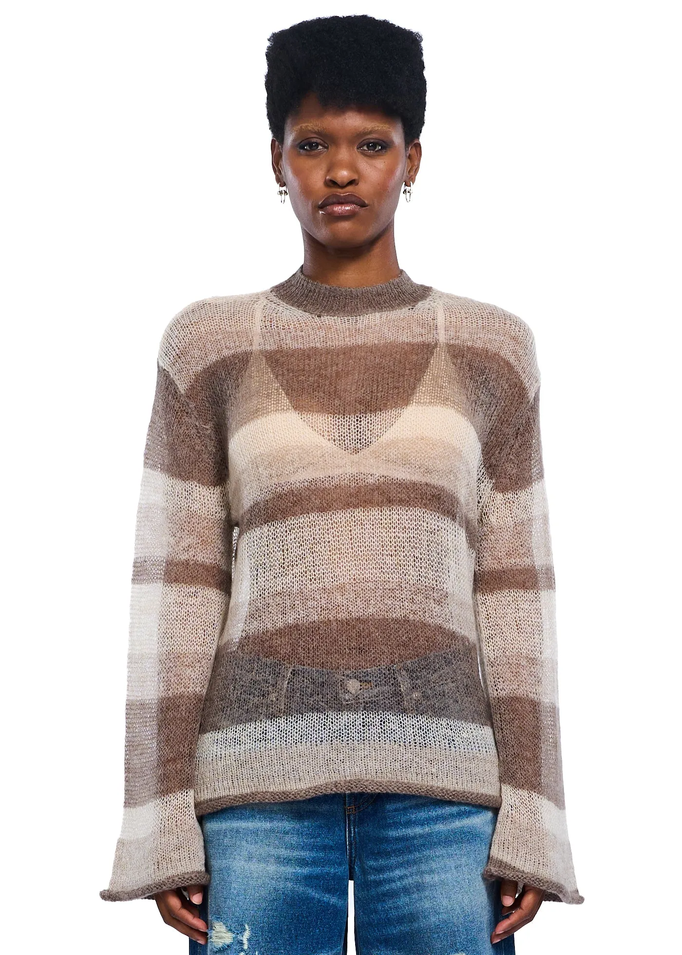 VIAVIA Open Mohair Striped Sweater in Neutral Stripe