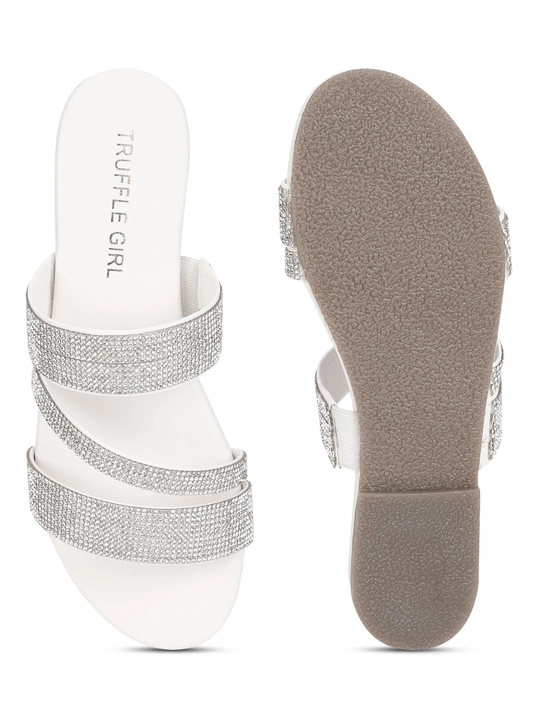 White PU Strappy Diamante Slip Ons (TC-ST-1214-WHT)