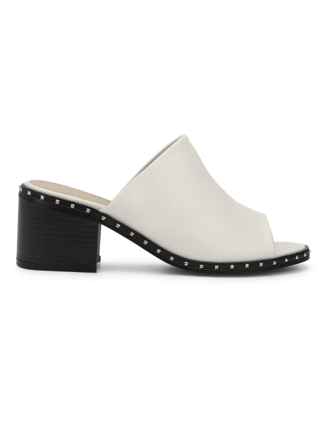 White PU Studded Low Heel Sandals