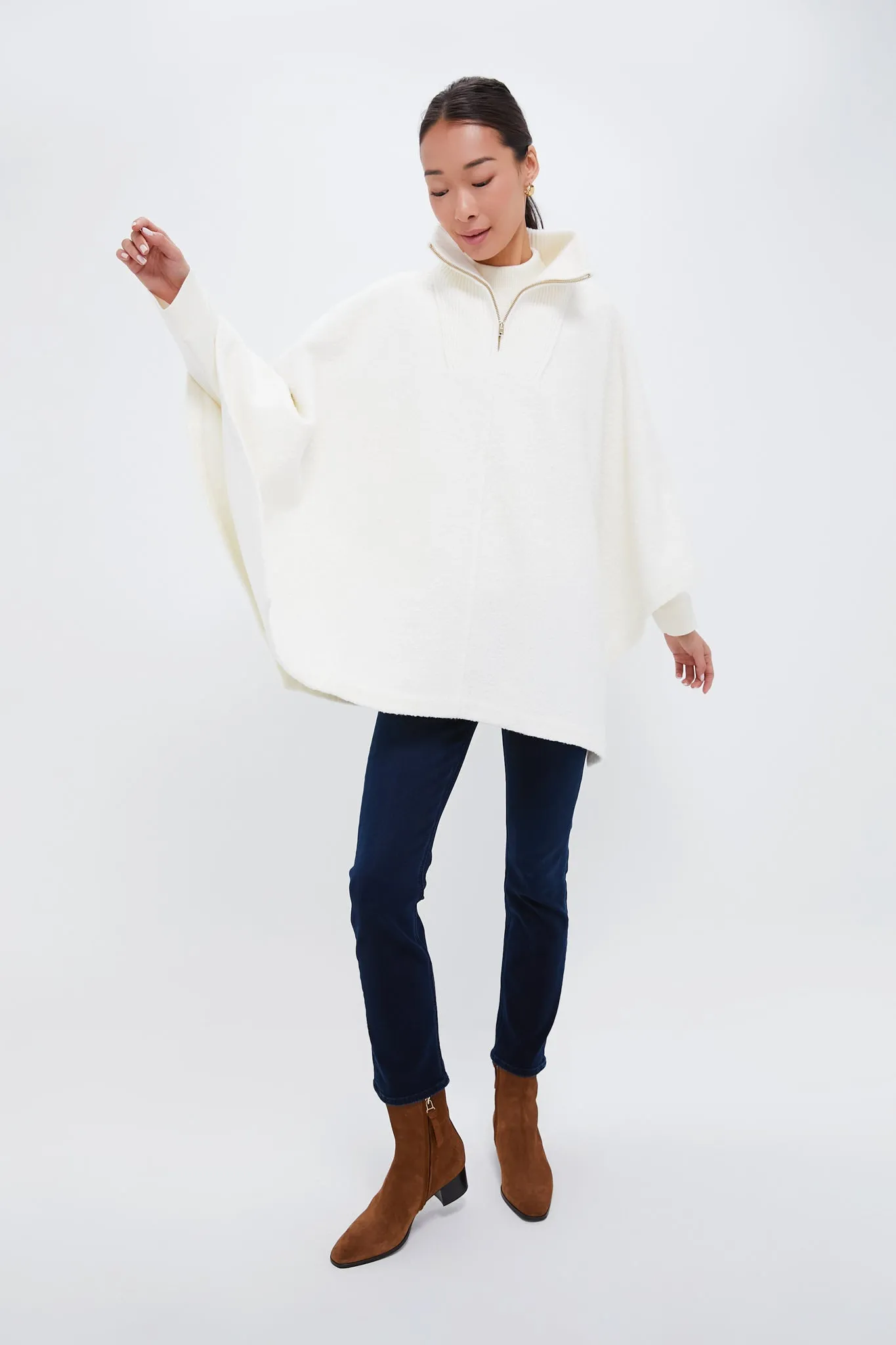 Winter White Boucle High-Neck Poncho