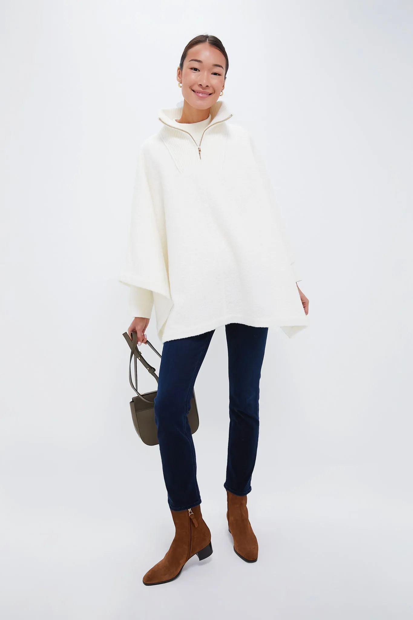 Winter White Boucle High-Neck Poncho