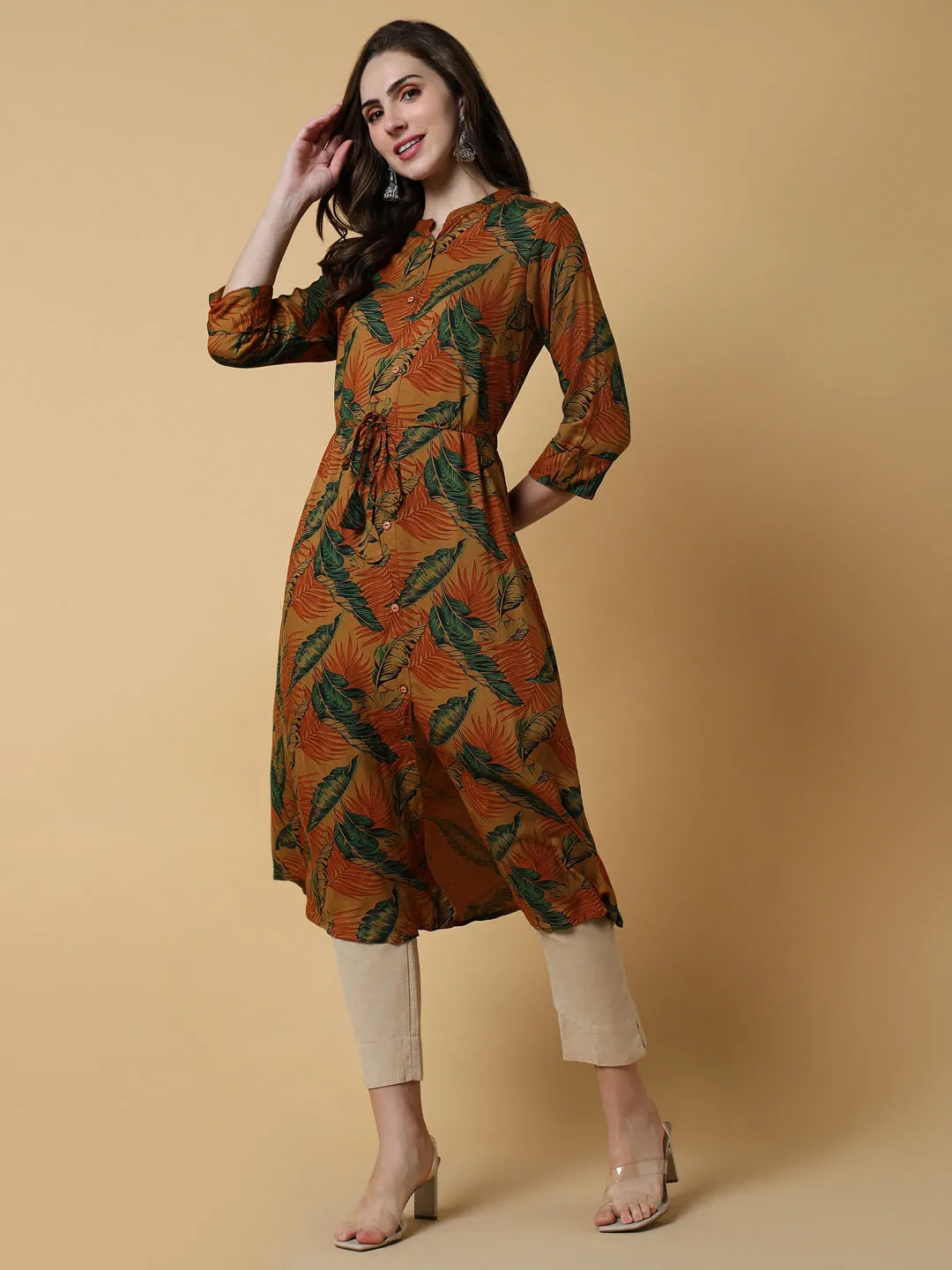 Women Brown Floral A-Line Kurta