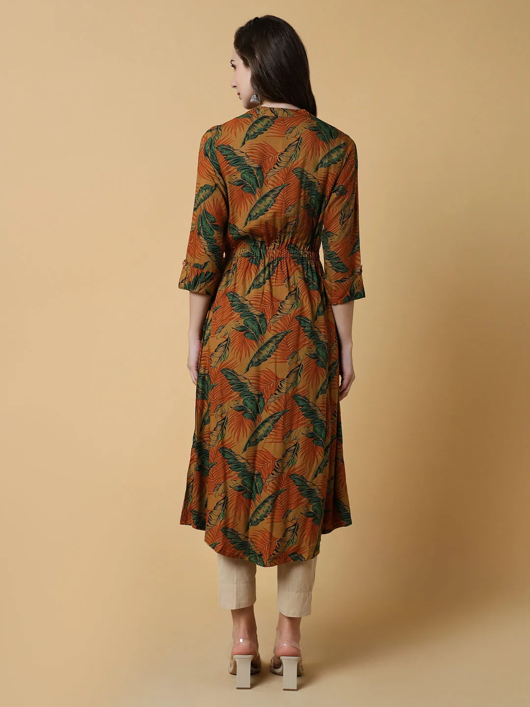 Women Brown Floral A-Line Kurta