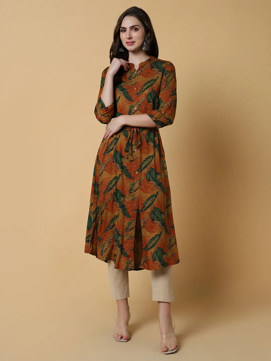 Women Brown Floral A-Line Kurta