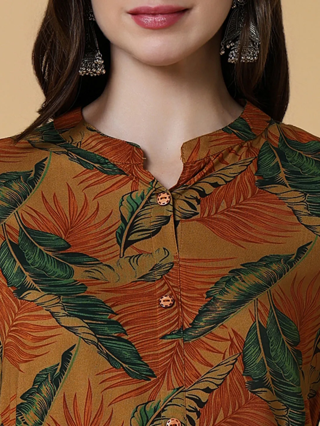 Women Brown Floral A-Line Kurta