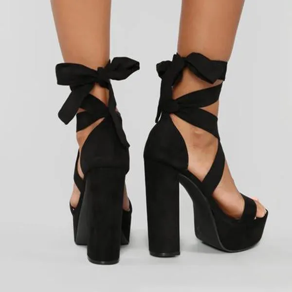 Women Summer Strappy Platform High Heel Black Sandals