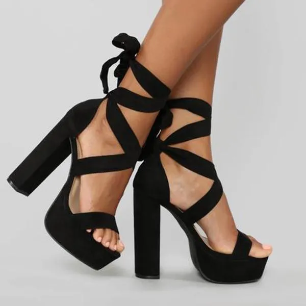 Women Summer Strappy Platform High Heel Black Sandals