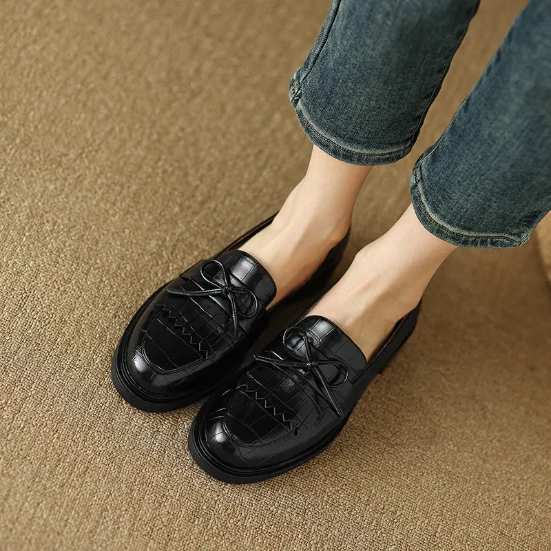 Womens Handmade Alligator Print Tassels Leather Loafers in Brown/Black