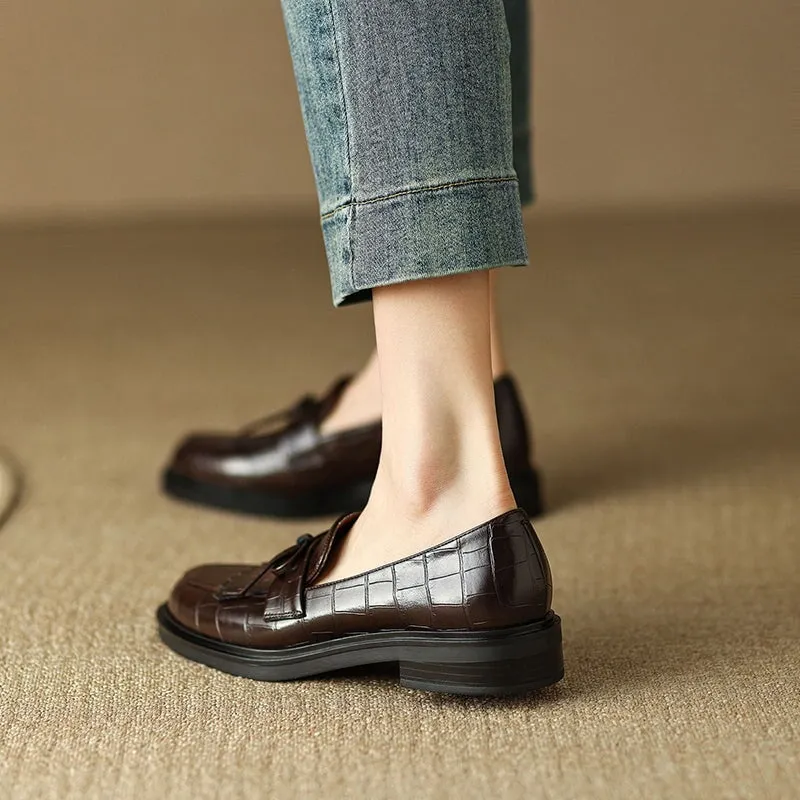 Womens Handmade Alligator Print Tassels Leather Loafers in Brown/Black