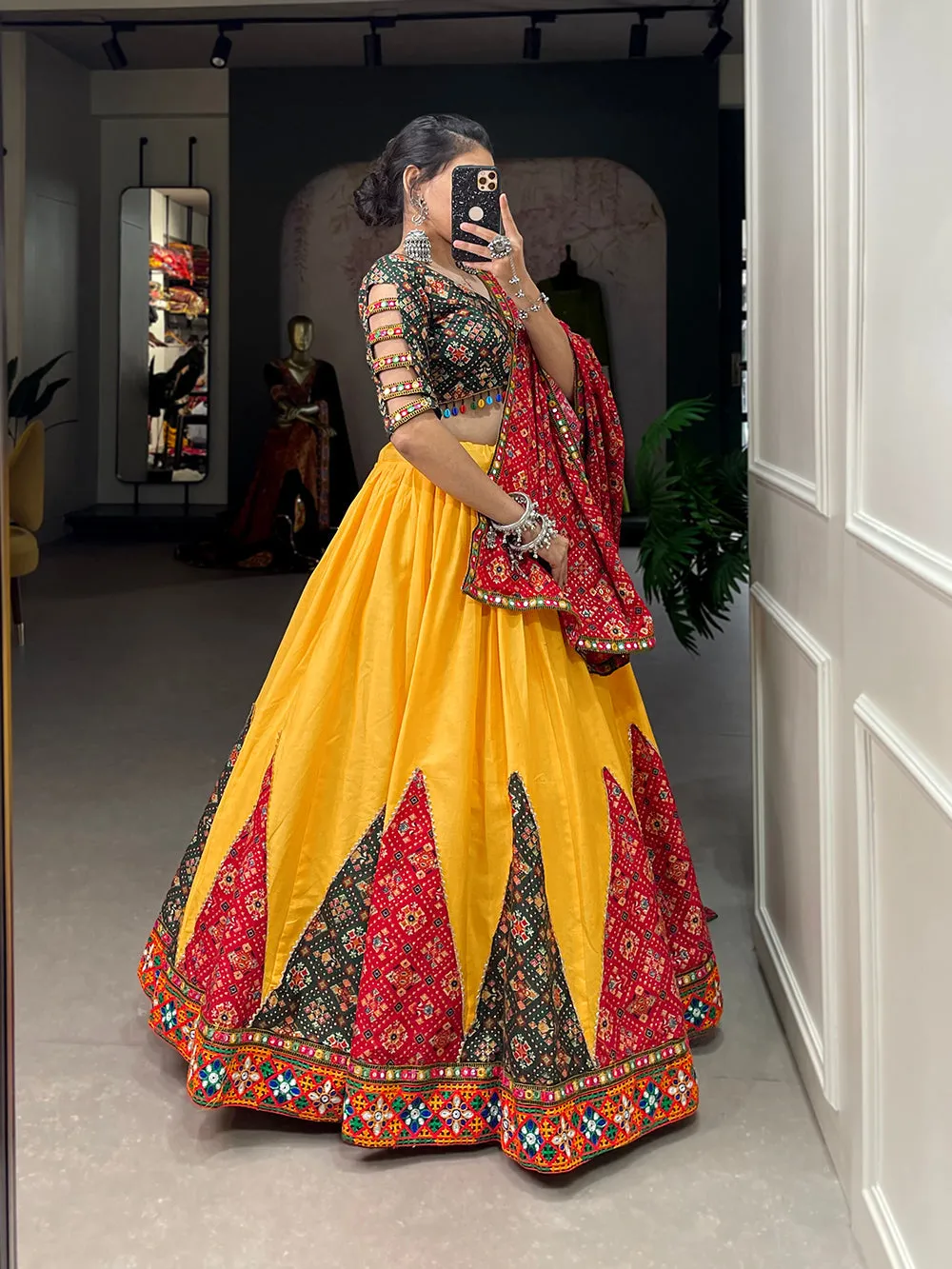 Yellow Color Printed And Gamthi Work Lace Border Cotton Lehenga Choli