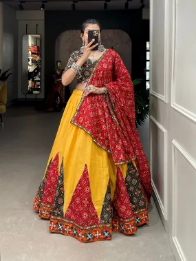 Yellow Color Printed And Gamthi Work Lace Border Cotton Lehenga Choli