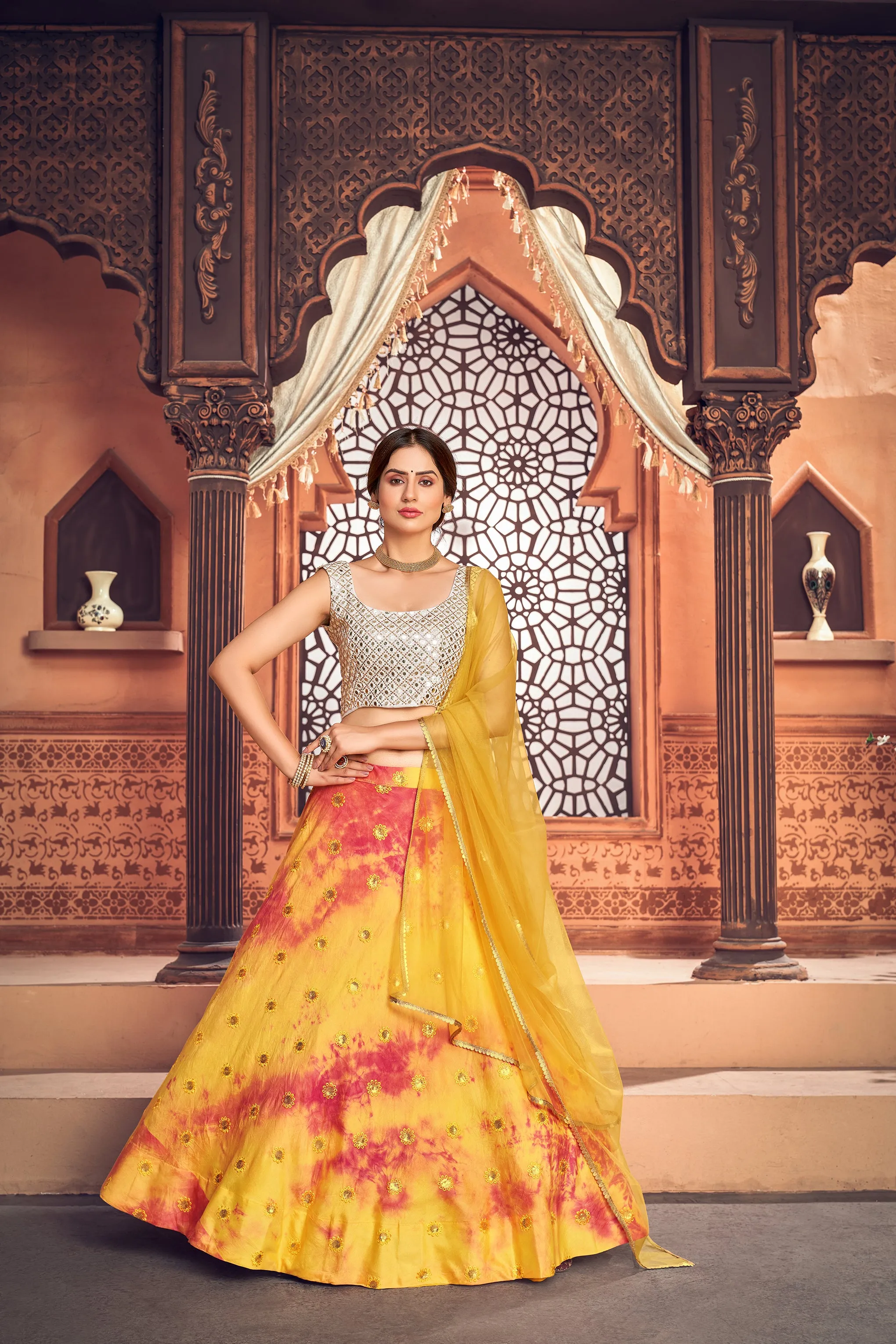 Yellow Shibori Printed Cotton Party Wear Lehenga Choli